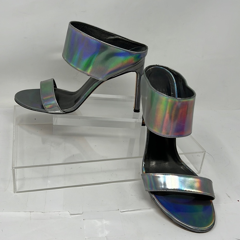 Stuart Weitzman Sz 8.5 MySlide Metallic Specchio Heel Sandal Silver Pewter